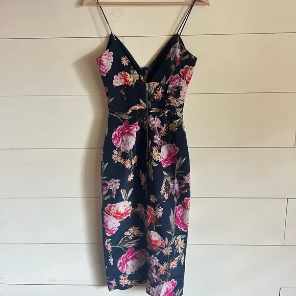 nicholas lucile corset dress NICHOLAS Lucille Silk Floral Midi Corset Dress Size 8 Cochktal Wedding Navy Ab7